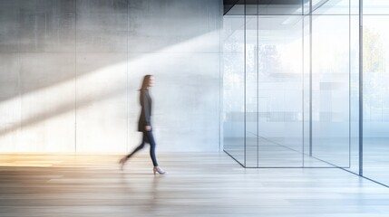 Fototapeta premium Blurry happy young woman walking in modern light concrete and glass office box interior with mock up place on walls and wooden floors. Designer concept