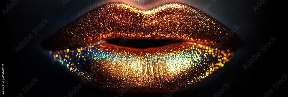 Poster close-up of glossy, vibrant lips with a shiny finish glowing under soft light during an artistic mak