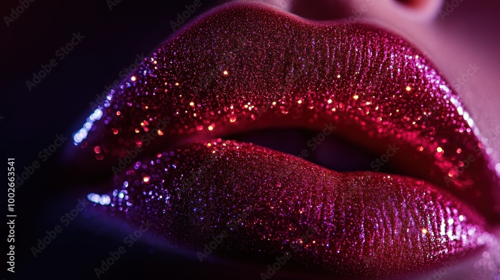 Poster vibrant close-up shot of glossy lips with a shiny glitter finish under soft lighting. generative ai