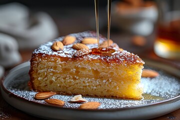Close-up shot of a slice of Revani dessert, a traditional Turkish semolina cake soaked in syrup, Traditional Turkish delicacies, Assortment of Turkish delights, Middle eastern dishes, arabic dishes
