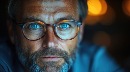 Close-up portrait of a thoughtful man with glasses and blue eyes.