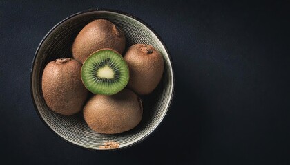 kiwi in a bowl on a black background, top view, copy space