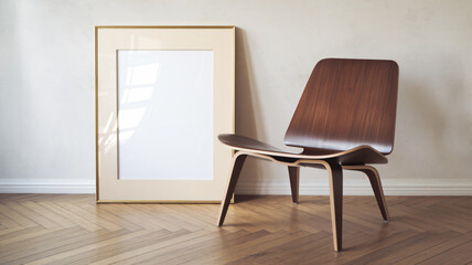 Wooden frame and chair on parquet flooring in mockup 005