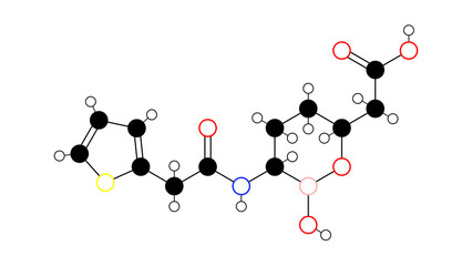 vaborbactam molecule, structural chemical formula, ball-and-stick model, isolated image non-b-lactam b-lactamase inhibitor