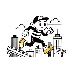 A cartoon runner zips through an urban environment, dodging obstacles like traffic cones, trash cans, and construction barrels.