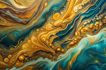 Abstract acrylic pour painting with gold and teal hues and gold texture