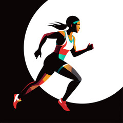 A female athlete in mid stride wearing bright colorful running clothes.