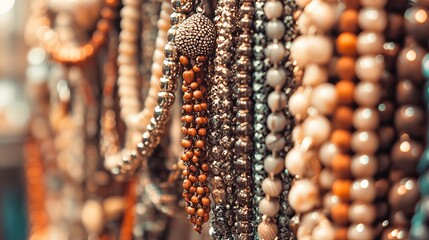 A close-up of various necklaces with different beads, colors, and textures hanging in a shop.