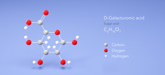 d-galacturonic acid molecule, molecular structure, sugar acid, 3d model, Structural Chemical Formula and Atoms with Color Coding