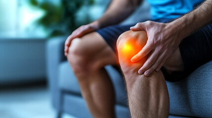 Man suffering from knee pain at home, closeup. Medical concept