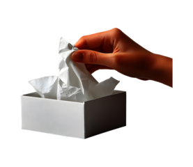 Hand Holding a White Tissue from Square Box Isolated on Transparent Background