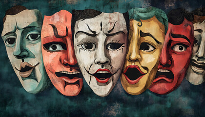 An abstract illustration of colorful drama masks lined up