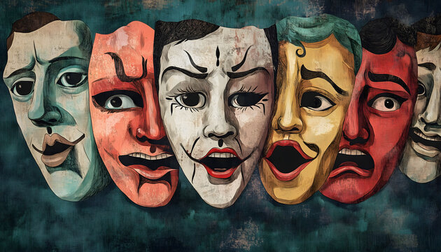 An abstract illustration of colorful drama masks lined up