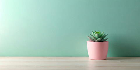 Fototapeta premium front view cactus in ceramic Pink pot on wooden floor Light green wall background copy space 244