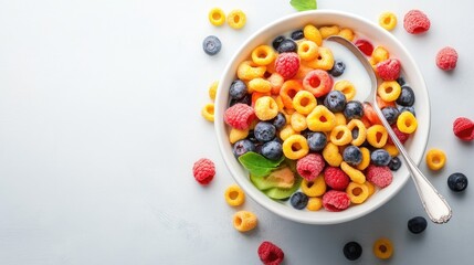 A beautifully arranged bowl of colorful cereal with fresh fruit, milk, and a spoon, leaving ample space for text, perfect for advertising a healthy breakfast option.