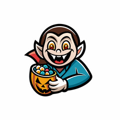 A friendly-looking vampire with a charming smile, holding a candy bar in one hand.