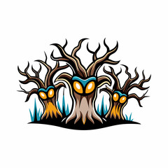 A spooky forest with twisted trees, gnarled branches, and a glowing eye in the darkness.