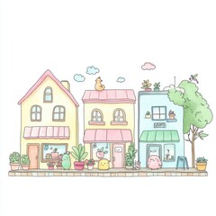 Obraz premium Charming illustration of a cozy street with colorful houses and cute shops, adorned with plants and cheerful characters.