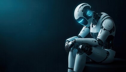 Obraz premium A humanoid robot sitting alone in a dark room, head down, illuminated by soft blue light, sadness and solitude