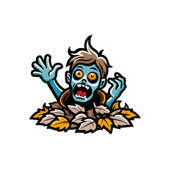 A zombie rising from the ground surrounded by autumn leaves.