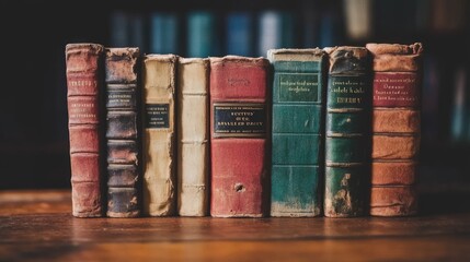 A row of vintage books arranged neatly, symbolizing a serialized collection of knowledge or stories, conveying a sense of continuity and learning.