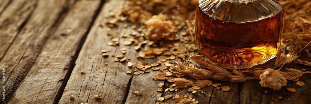 Poster A close-up view of a whiskey bottle on a rustic wooden table surrounded by grains, evoking a warm and inviting atmosphere. Generative AI