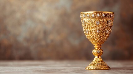 beautifully ornate golden chalice with intricate designs and embellishments, set against softly blurred background. This elegant piece exudes sense of luxury and craftsmanship. 