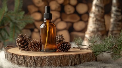 Fototapeta premium A simple arrangement of an amber bottle with sprayer on a wooden slice, with pine cones and branches, symbolizing purity and sustainability in a forest-like setting.