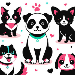 Cute animal illustrations, including cats, dogs, and pandas.