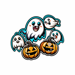 A cute cartoon ghost with a friendly face and a big smile floats near a carved jack-o'-lantern.