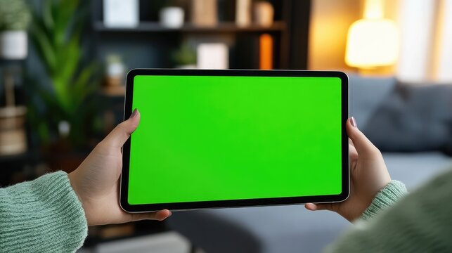 A student uses an iPad with a green screen mockup for an online class or video call, seated in a professional office environment, emphasizing digital learning tools. - Powered by Adobe