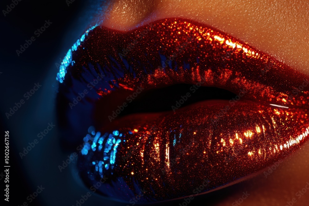 Poster close-up of glossy, vibrant lips with a shiny finish showcasing bold colors and a captivating glow a