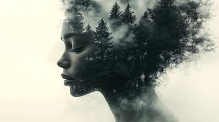 Digital composite of profile of woman with fog and pine trees in background