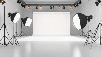 Empty white photo studio with a cyclorama background and multiple softbox monoblocks set up for a professional shoot.