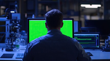 An anonymous engineer in a lab, focused on a laptop with a green screen chromakey display featuring motion trackers, perfect for tech tutorials or product demonstrations.