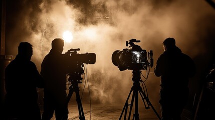 Fototapeta premium Film crew members in silhouette operating boom mics and cameras in a darkened set, illuminated by powerful studio lights.