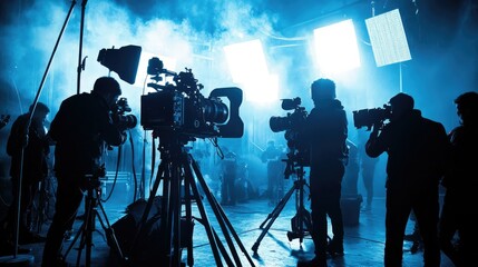 Film crew members in silhouette operating boom mics and cameras in a darkened set, illuminated by powerful studio lights.