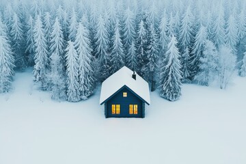Naklejka premium A cozy cabin nestled in a snowy forest, surrounded by tall pine trees and a blanket of fresh snow, creating a peaceful winter scene.