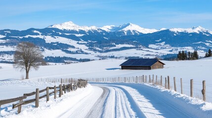 Fototapeta premium A cozy wooden house featuring solar panels sits amid a pristine winter alpine setting, surrounded by snow-covered trees and majestic mountains