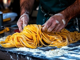 Close-up chef's hands kneading pasta dough conveys the expertise and care taken in the art of cooking. This can be used in advertisements that emphasize the quality and meticulousness of the food.