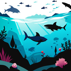 An underwater scene with marine life, showcasing various coral reefs, fish, and other aquatic creatures.