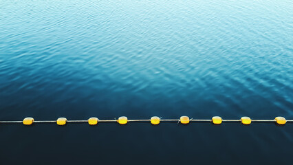 Tiny boundary buoy. Line buoy. Yellow polyurethane plastic floating with rope for zoning water. © Win Nondakowit