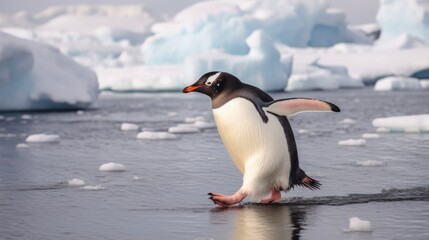 A Penguin Waddling Through Icebergs