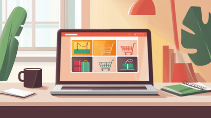 Colorful Online Shopping Interface Displayed on Laptop in Cozy Workspace