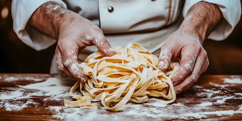 Close-up chef's hands kneading pasta dough conveys the expertise and care taken in the art of cooking. This can be used in advertisements that emphasize the quality and meticulousness of the food.