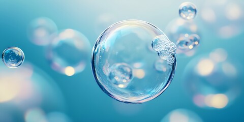 A bubble is floating in the air with other bubbles surrounding it. The bubble is clear and shiny, and it looks like it's floating in a sea of bubbles. The image has a dreamy, whimsical feel to it