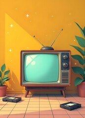 1980s Japanese anime for video use, symbolizing classic TV series. The scene includes a retro TV with an antenna, a few VHS cassettes, and a simple grid pattern with neon accents.