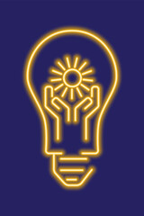 Yellow glowing neon line light bulb with hands and sun. Green energy, renewable solar energy concept. Ecology themed abstract illustration.