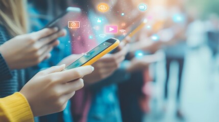 Urban youth engrossed in smartphones, displaying various social media interactions. Lifestyle and digital communication concept.