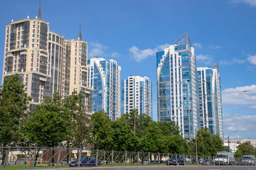 Fototapeta premium Modern high-rise residential buildings on Tipanova Street. Saint Petersburg